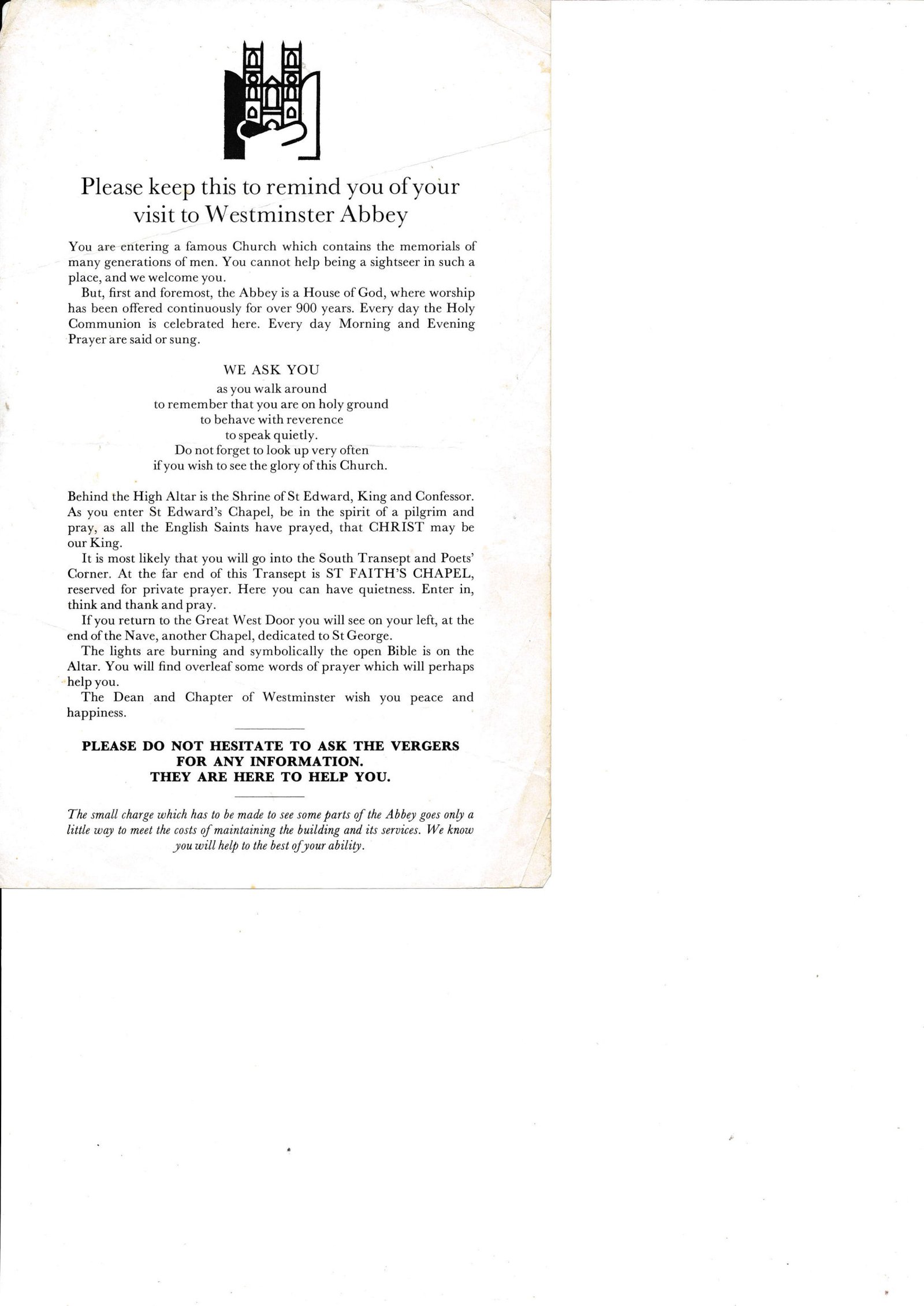 Westminster Abbey visitor leaflet: 'Please keep this to remind you of your visit to Westminster Abbey'