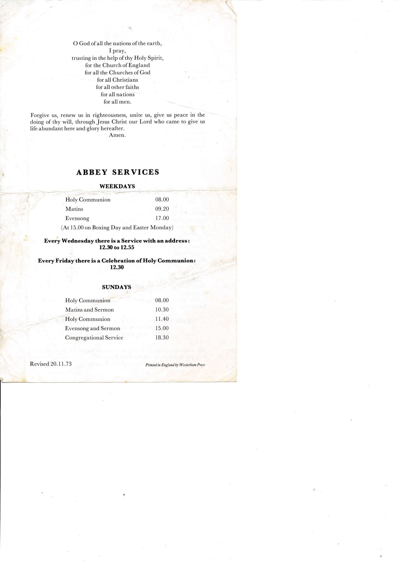 Westminster Abbey services schedule and visitor prayer card