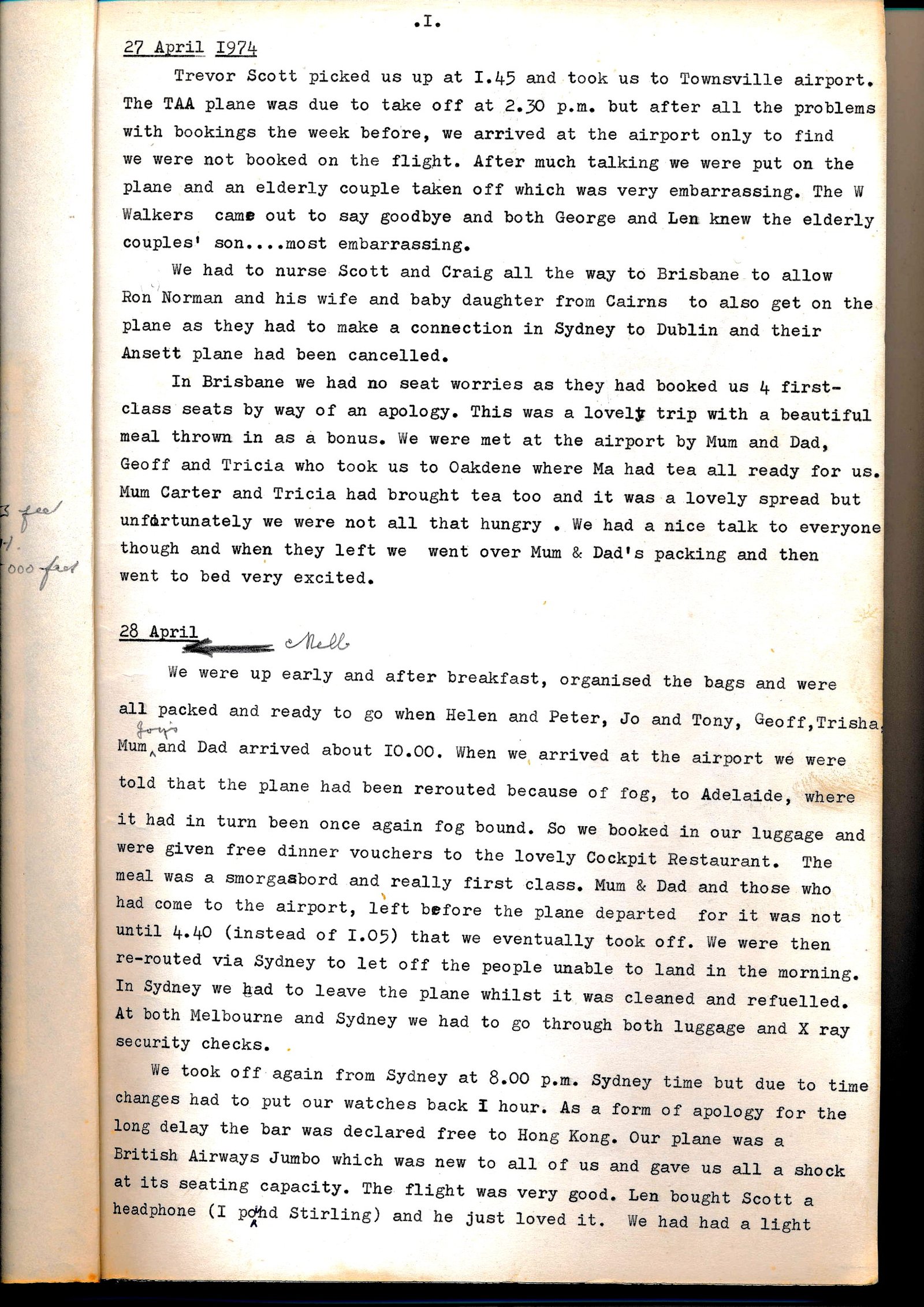 First page of Joy's typewritten travel diary, dated 27 April 1974, describing the departure from Townsville airport
