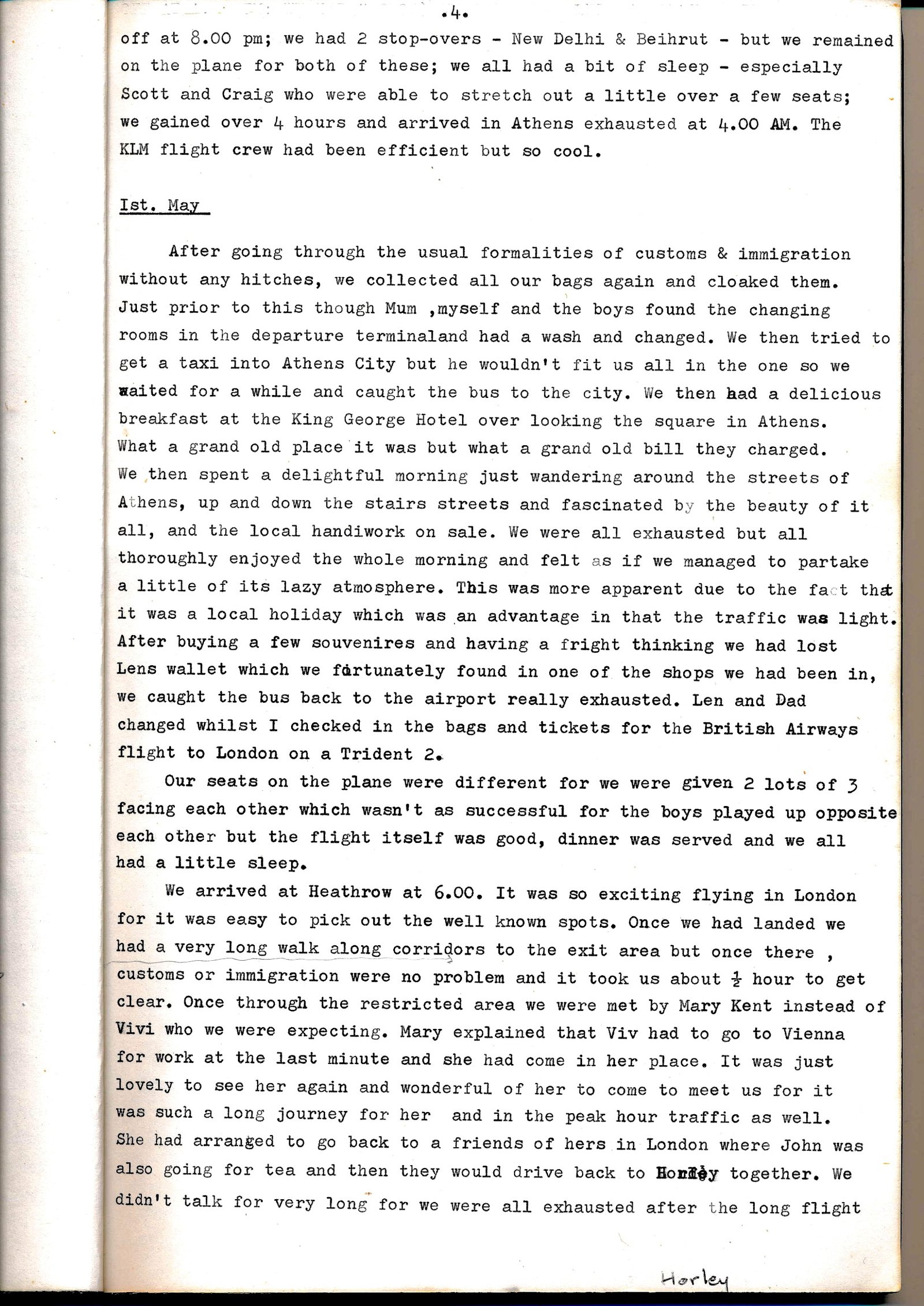 Diary page describing Athens and arrival in London, 1 May 1974