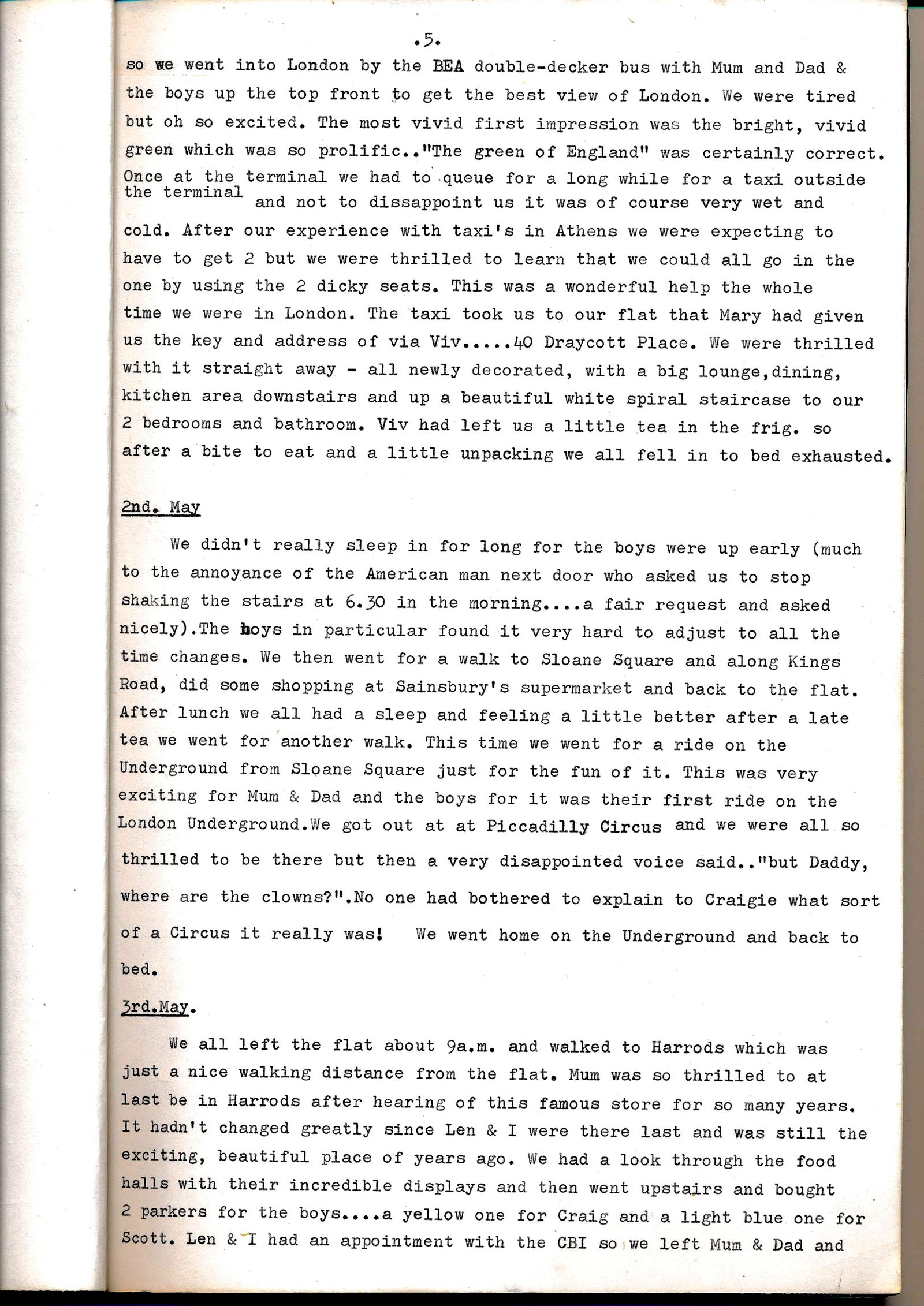 Diary page describing Piccadilly Circus and early London days, 2 May 1974