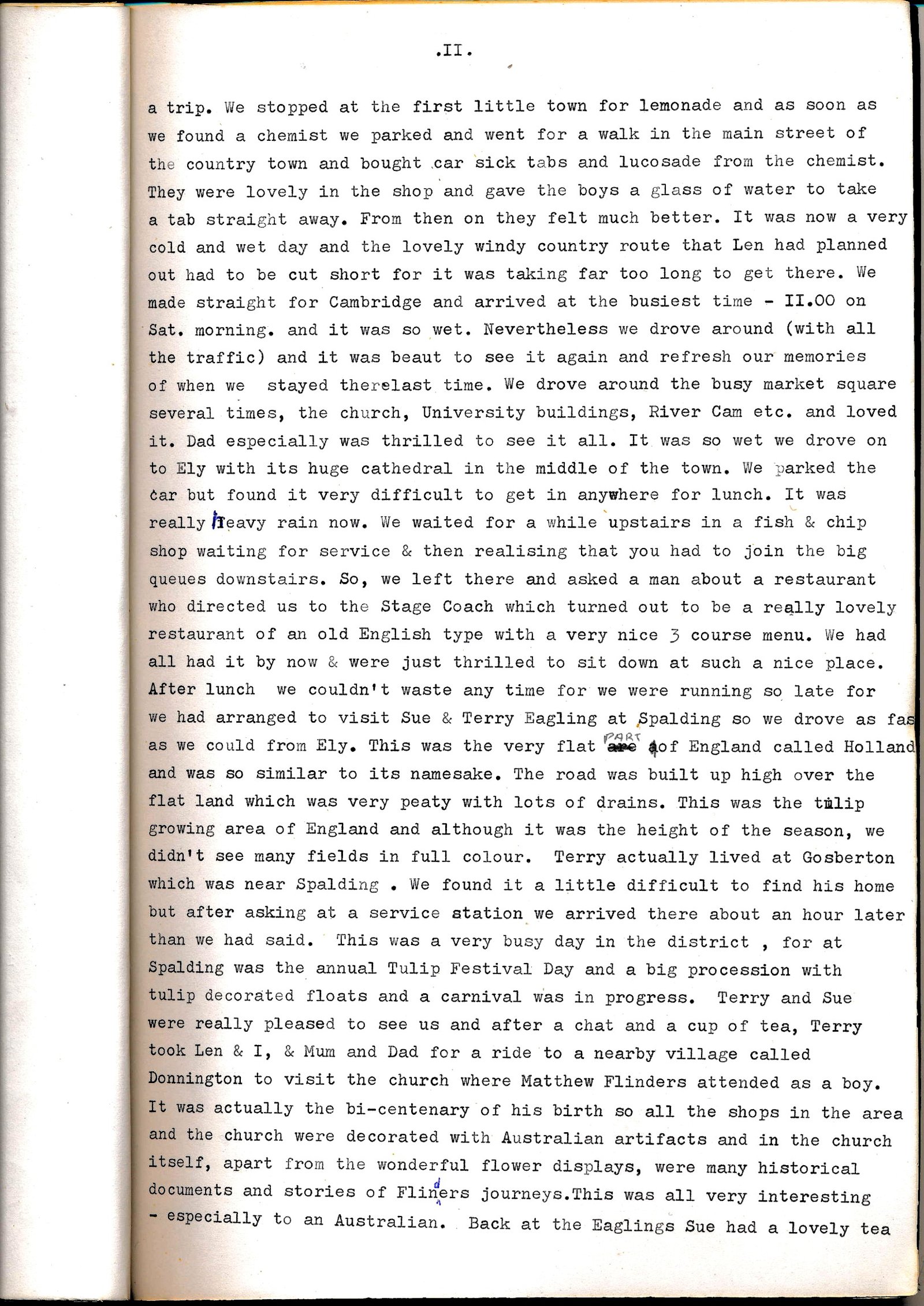 Diary page describing Cambridge, Ely and the Spalding Tulip Festival