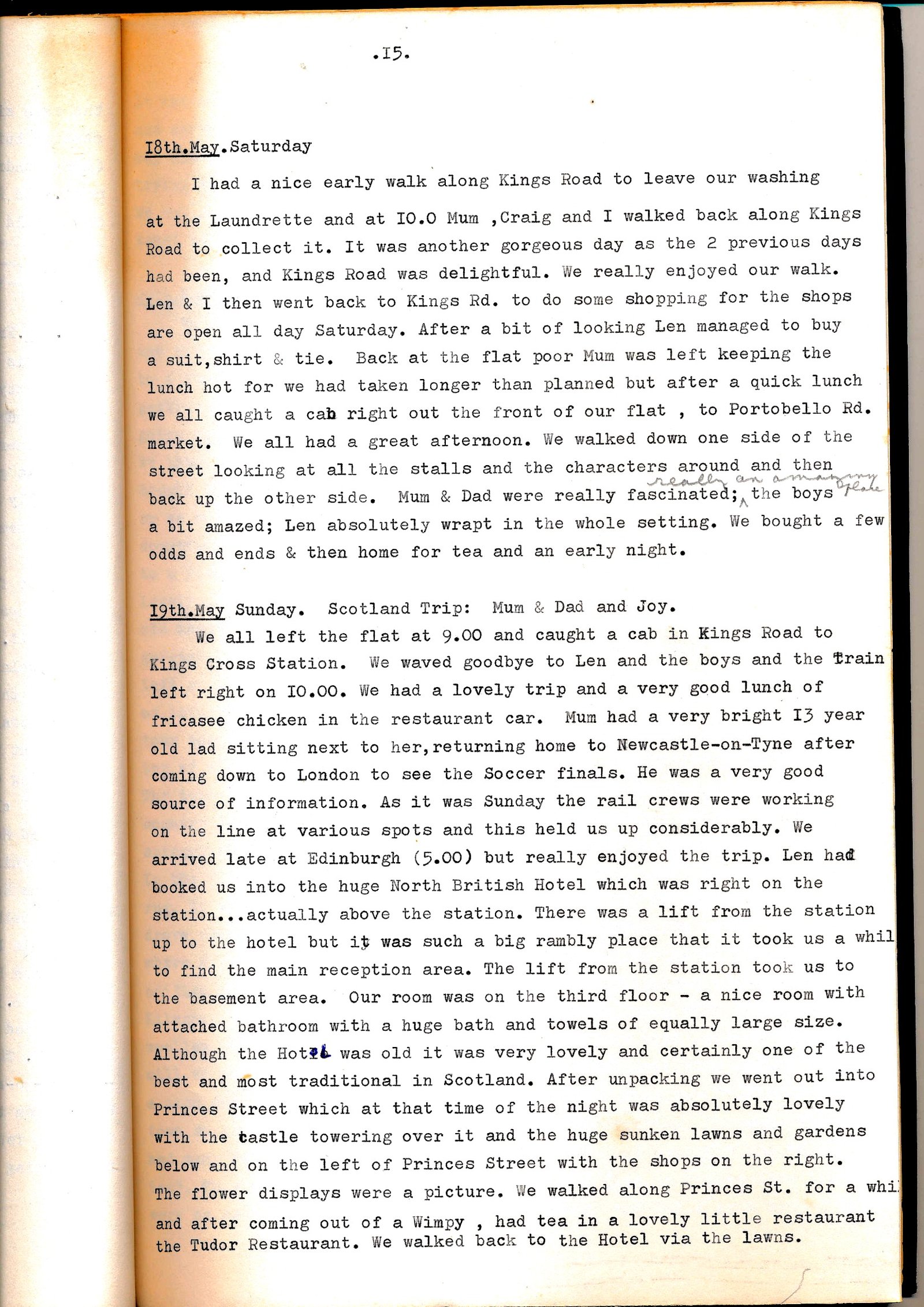 Diary page describing Edinburgh, Portobello Road, and the train to Scotland