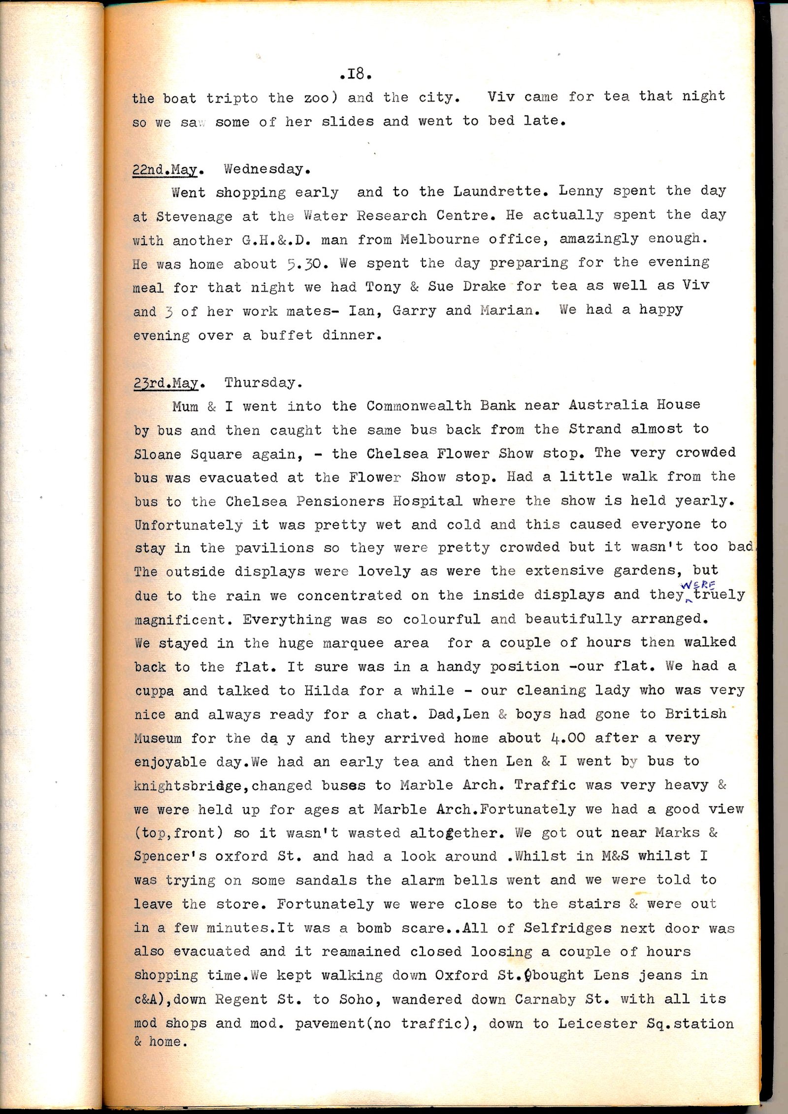 Diary page describing Chelsea Flower Show and the bomb scare at Marks & Spencer