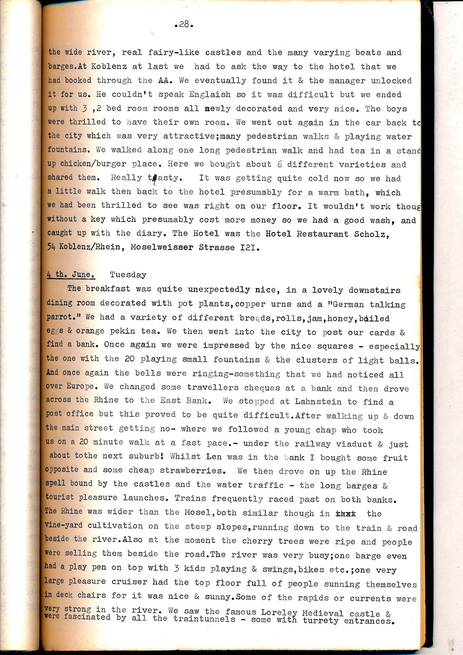 Diary page describing the Rhine Valley, Koblenz and the river cruise