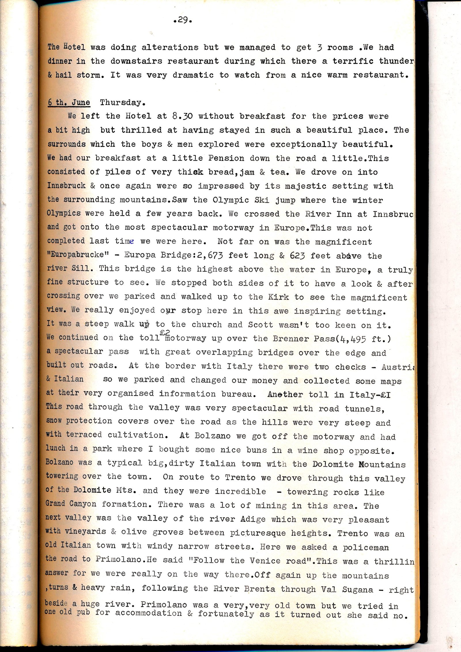 Diary page describing Innsbruck, the Brenner Pass and crossing into Italy