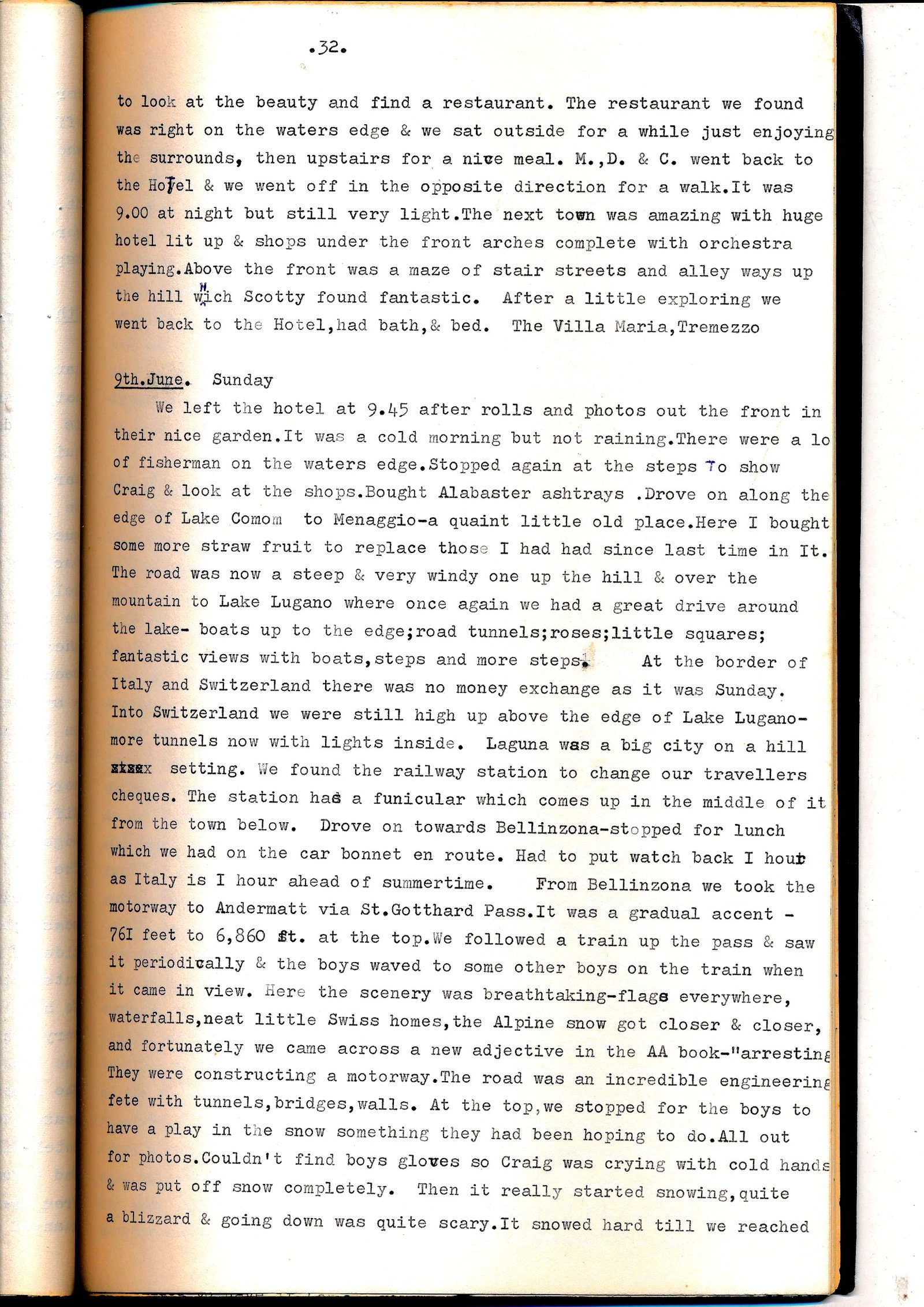 Diary page describing the Italian Lakes and driving through Switzerland
