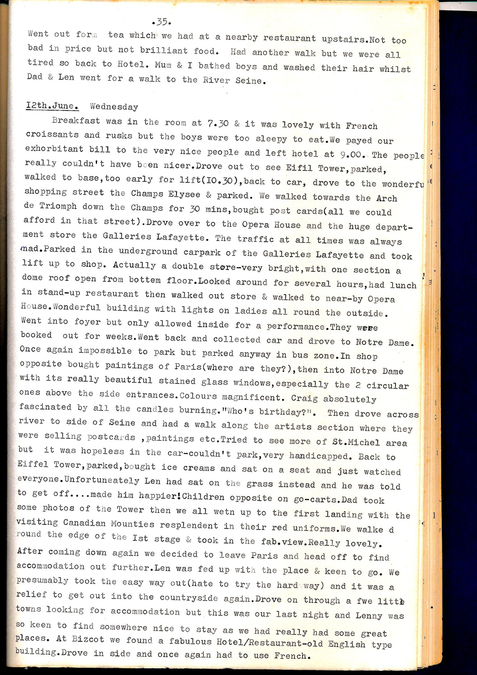Diary page describing Paris, the Eiffel Tower and the Champs-Élysées