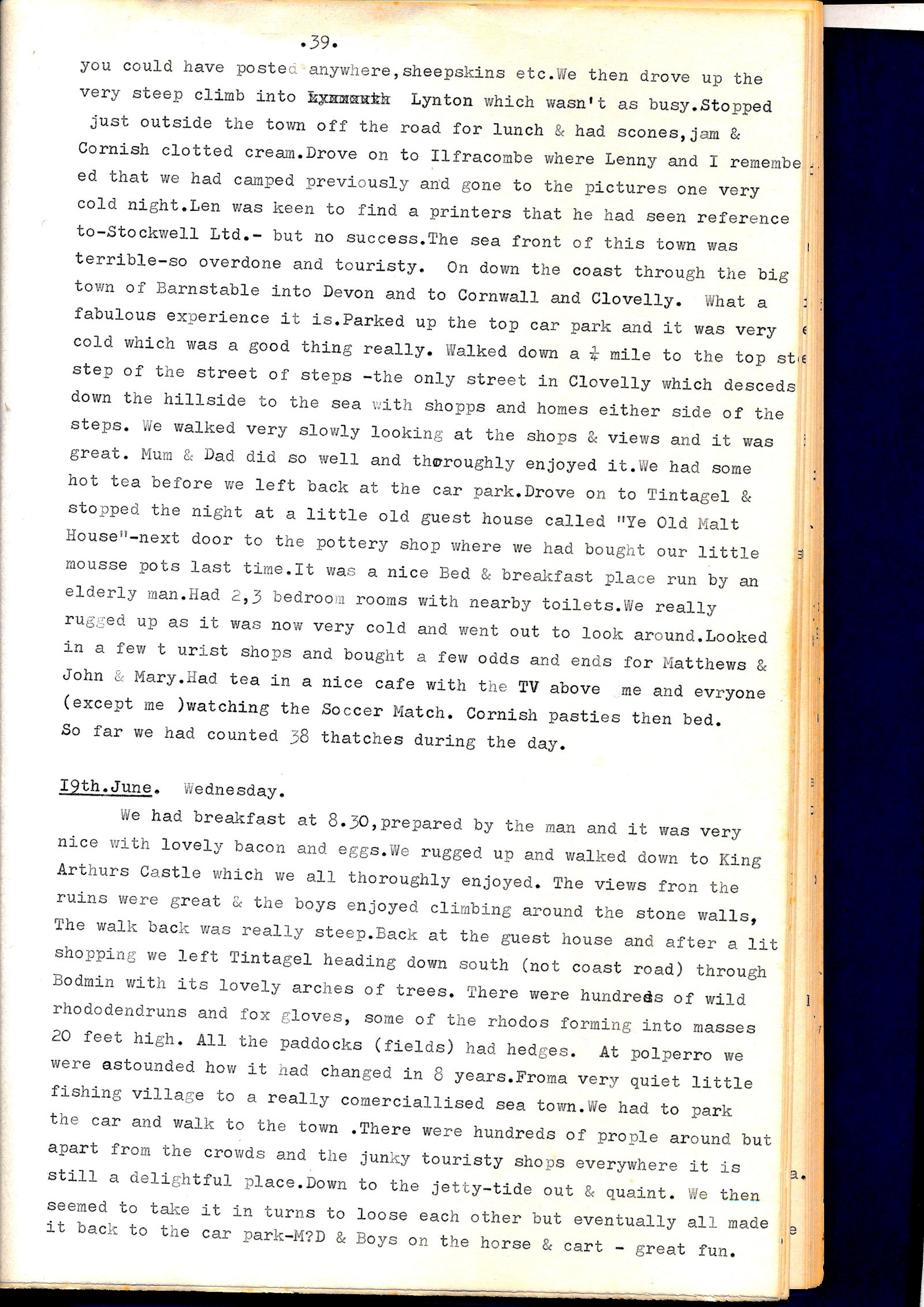 Diary page describing the Devon and Cornwall coast, Clovelly and Looe