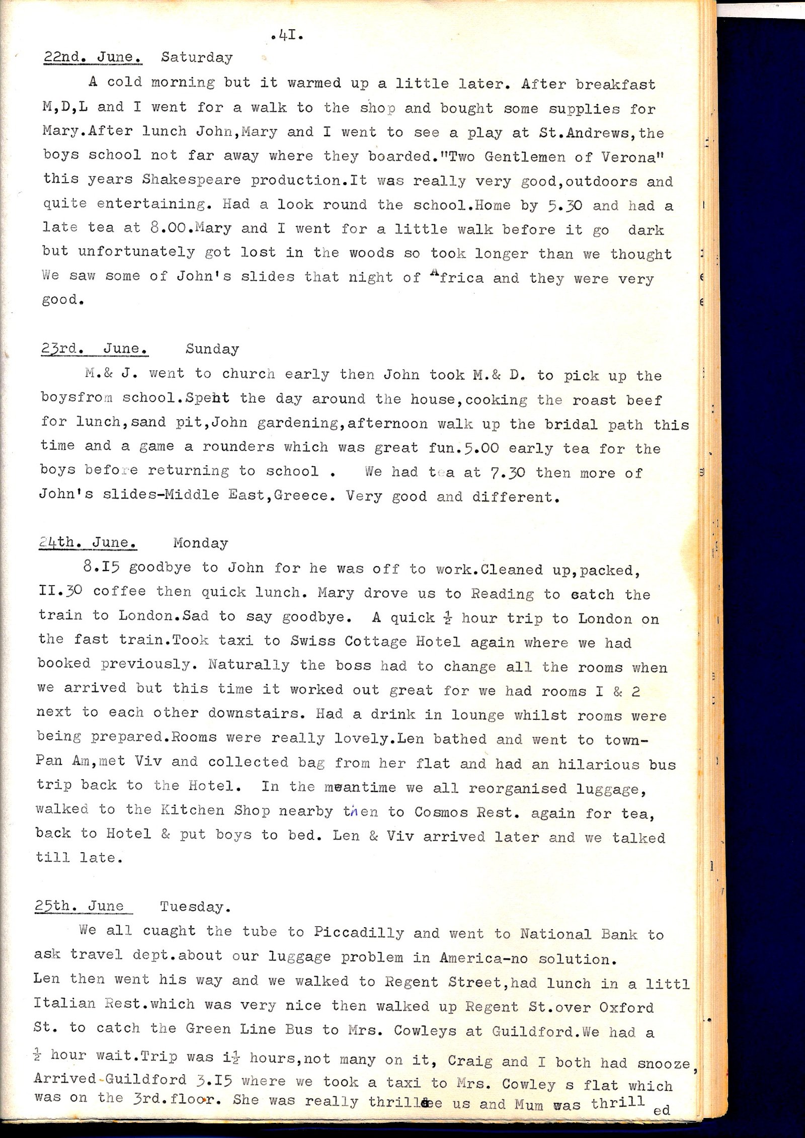 Diary page describing the Shakespeare play at St Andrew's School