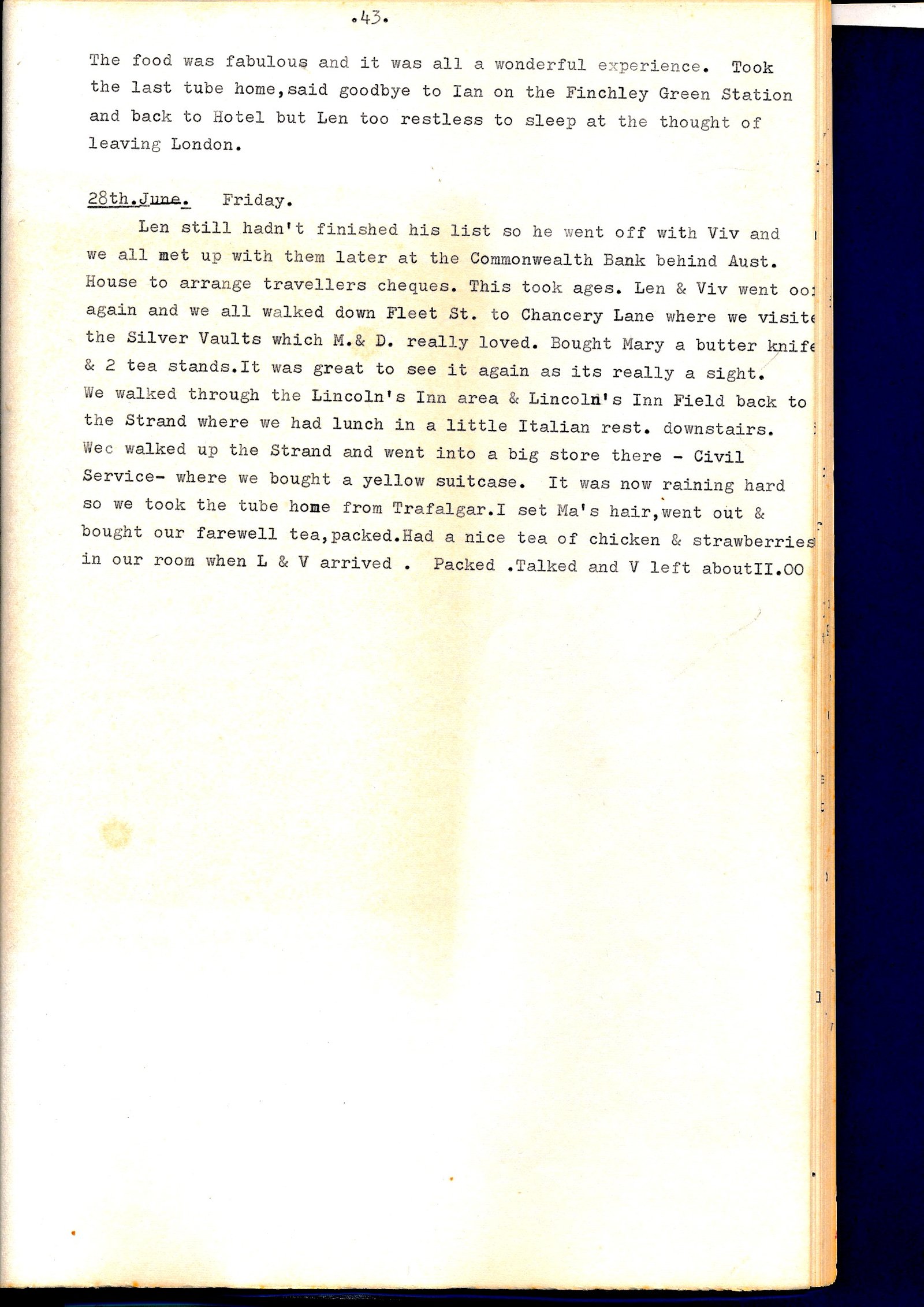 Diary page describing the Silver Vaults and last days in London