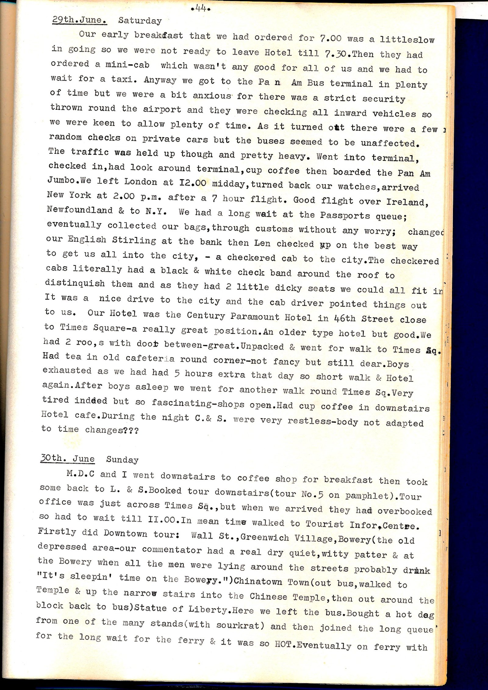 Diary page describing the Pan Am flight from London to New York
