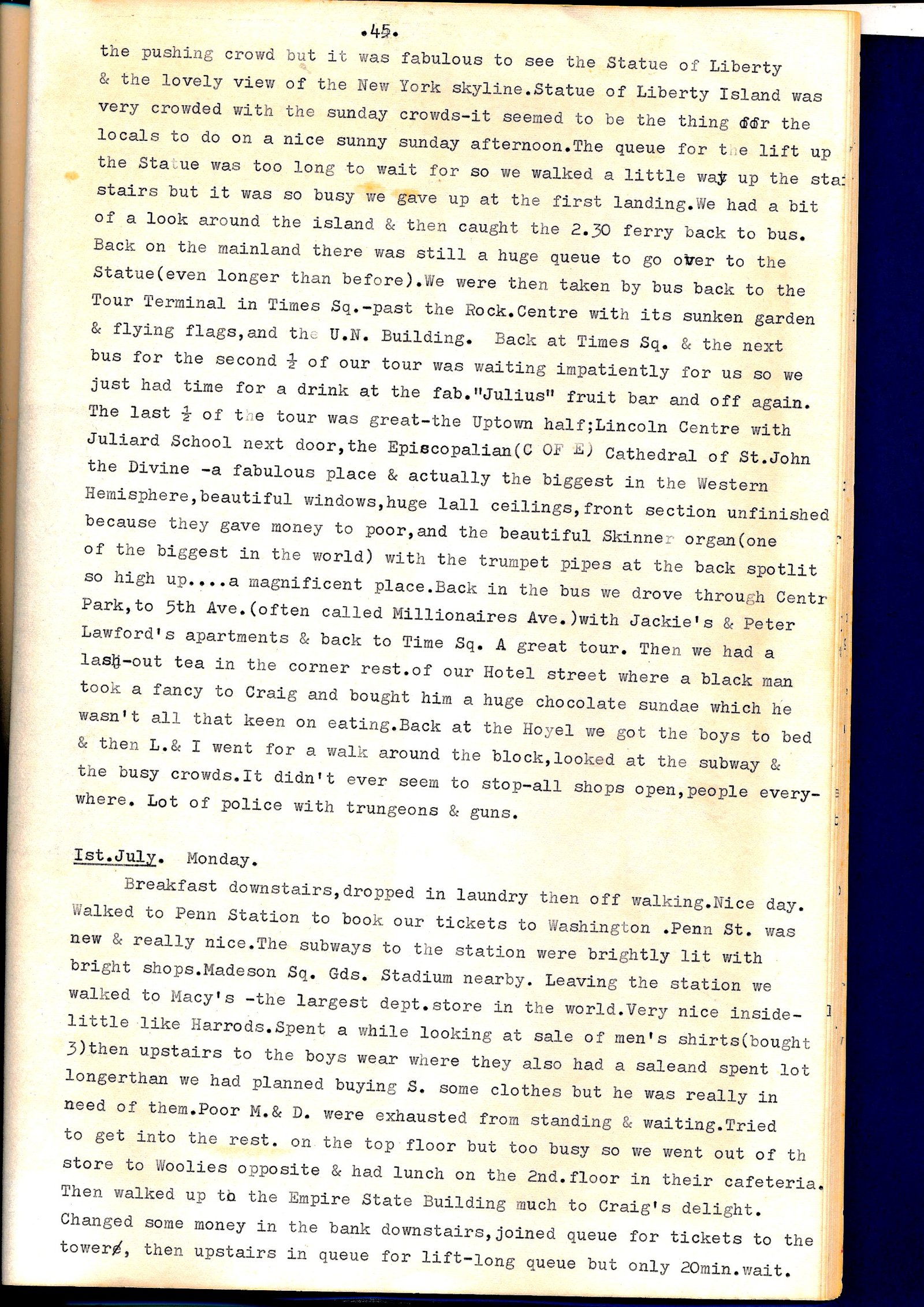 Diary page describing the Statue of Liberty and Empire State Building