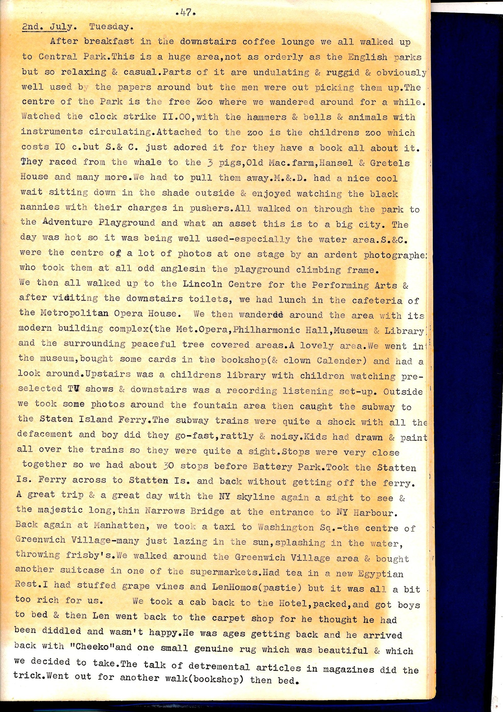 Diary page describing Central Park and the train to Washington