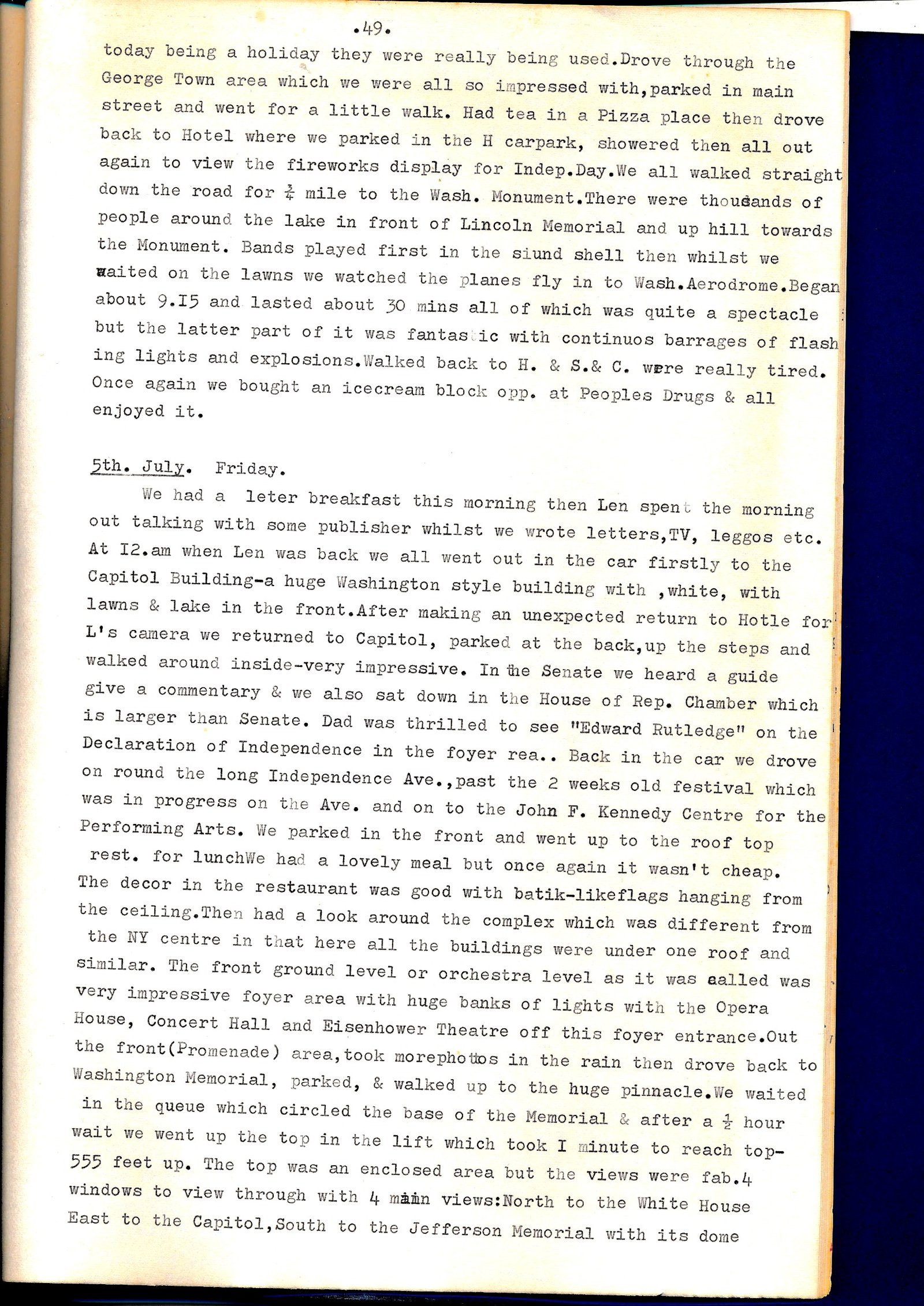 Diary page describing Independence Day fireworks in Washington DC