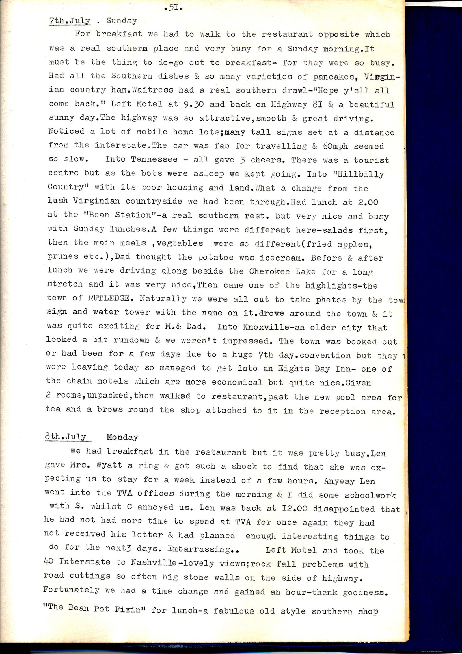 Diary page describing Virginia, Tennessee and the American South