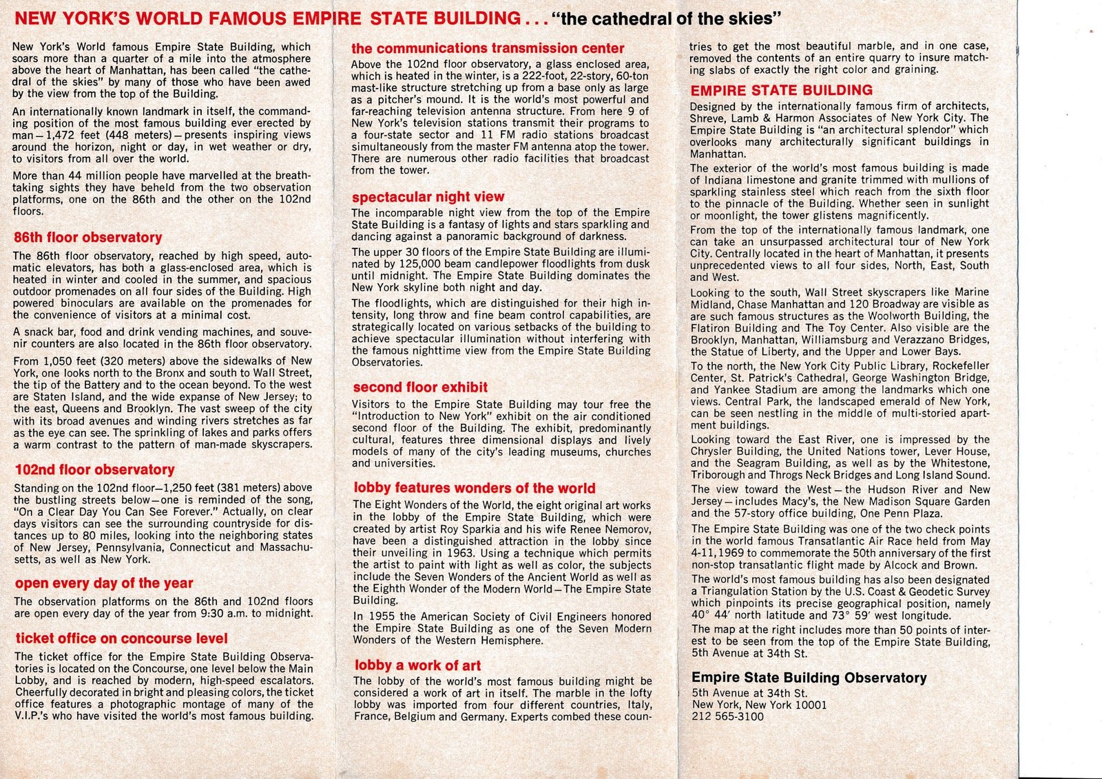 Empire State Building facts and history page from the visitor brochure