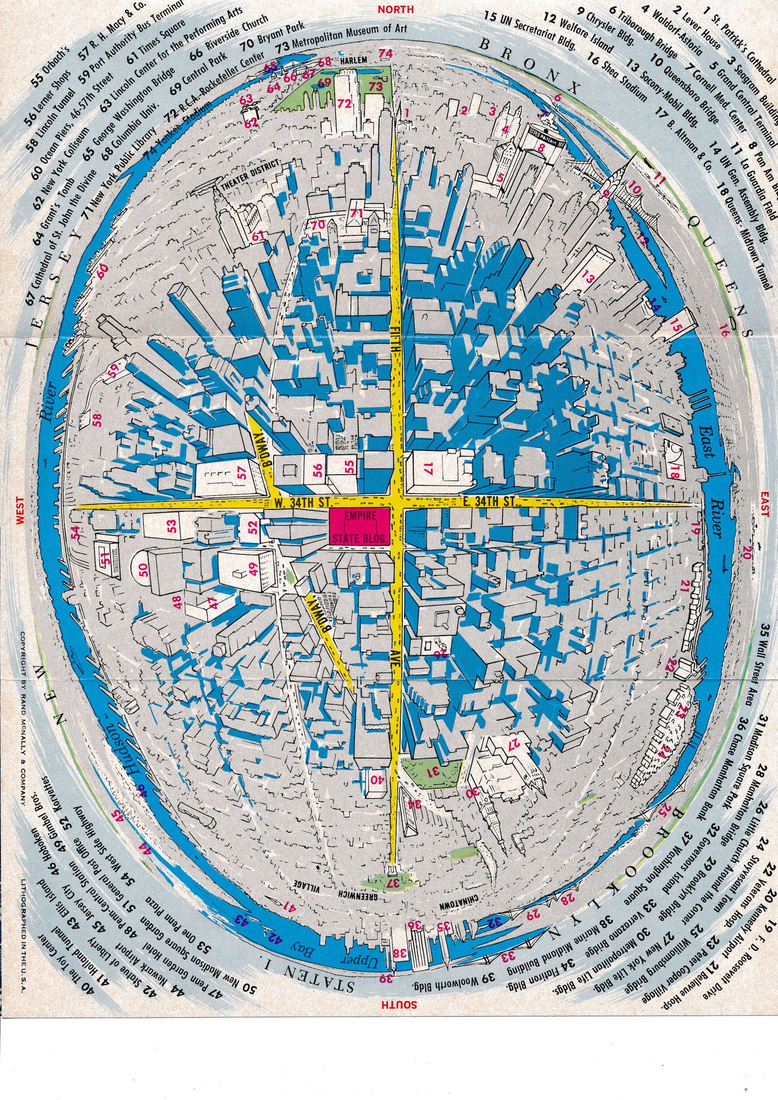 Rand McNally illustrated map of Manhattan centred on the Empire State Building