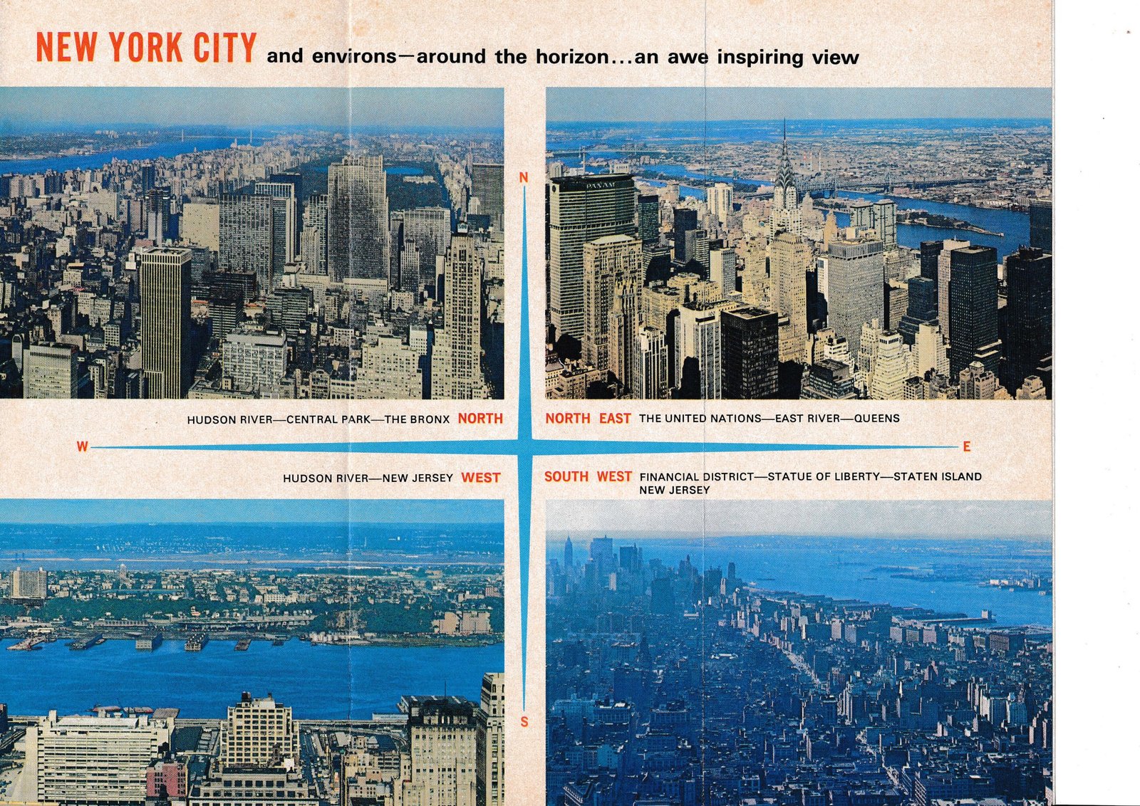 Empire State Building brochure interior: panoramic views from the observatory in all four compass directions