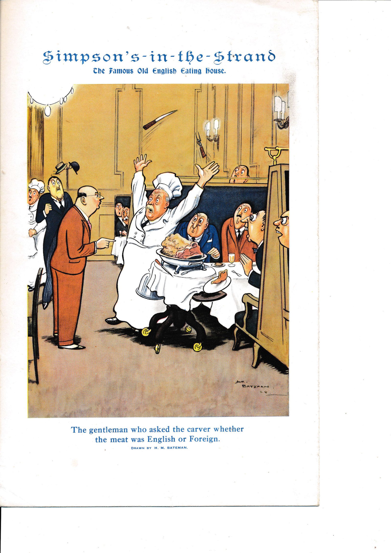 H.M. Bateman cartoon from Simpson's-in-the-Strand: 'The gentleman who asked the carver whether the meat was English or Foreign'