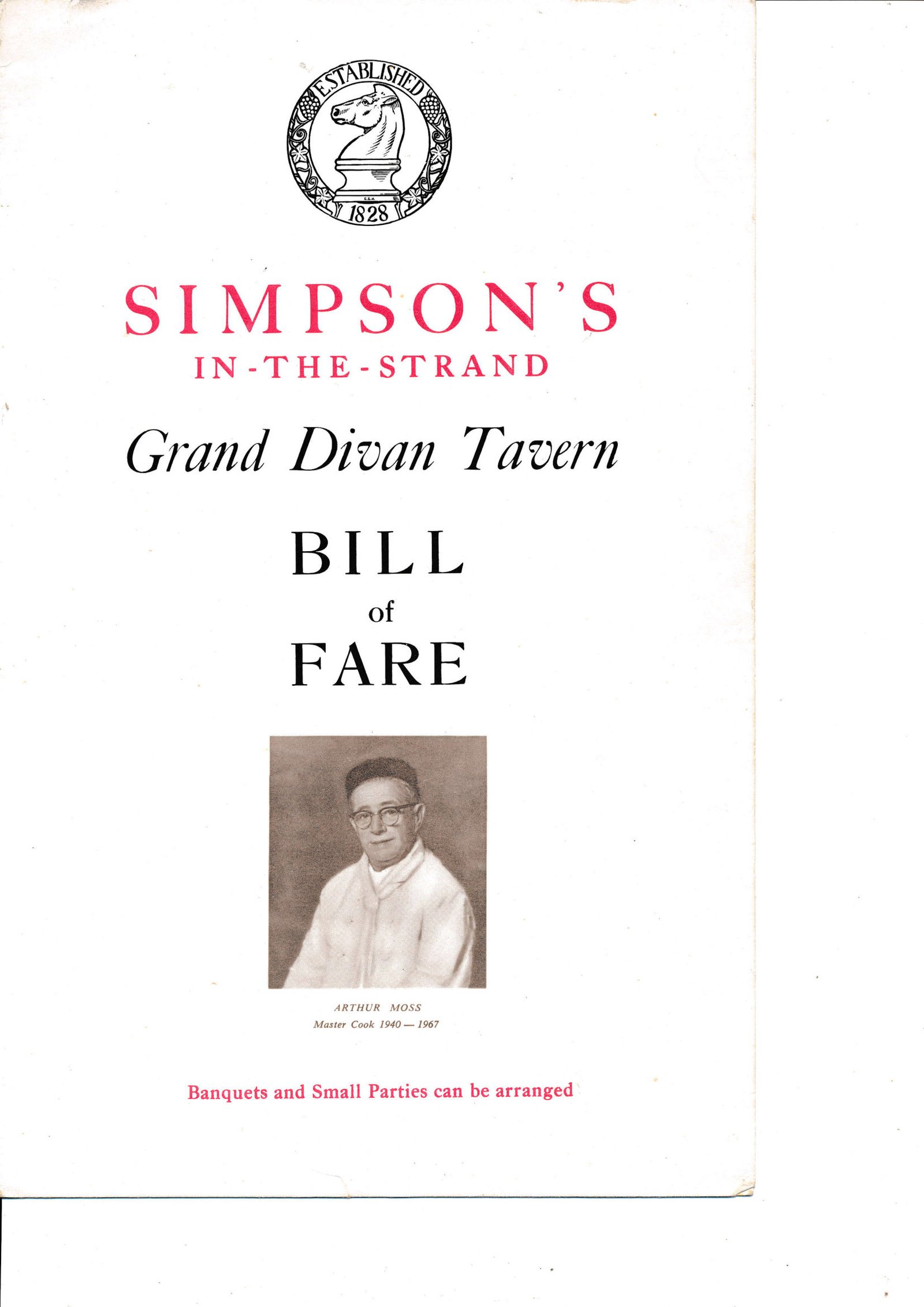Simpson's-in-the-Strand Bill of Fare cover, featuring Arthur Moss, Master Cook 1940–1967
