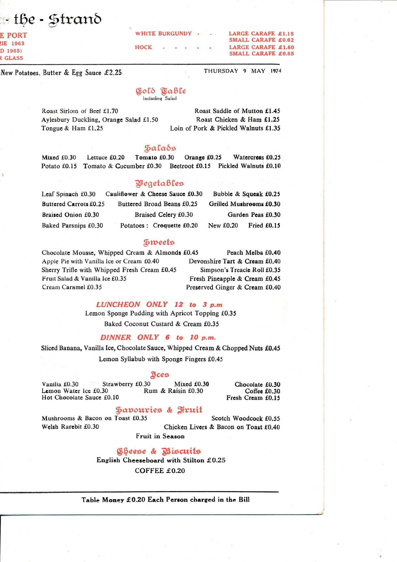 Simpson's-in-the-Strand menu reverse: Cold Table, Salads, Vegetables, Sweets, Ices, Savouries, and Cheese board