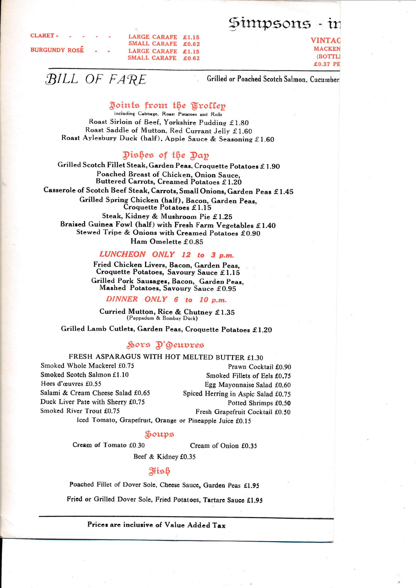 Simpson's-in-the-Strand Bill of Fare interior showing Joints from the Trolley, Dishes of the Day, and Hors D'Oeuvres