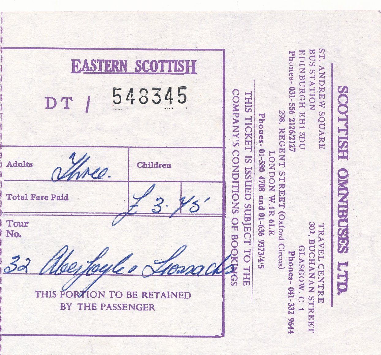 Eastern Scottish bus ticket DT/543345, £3.60 fare
