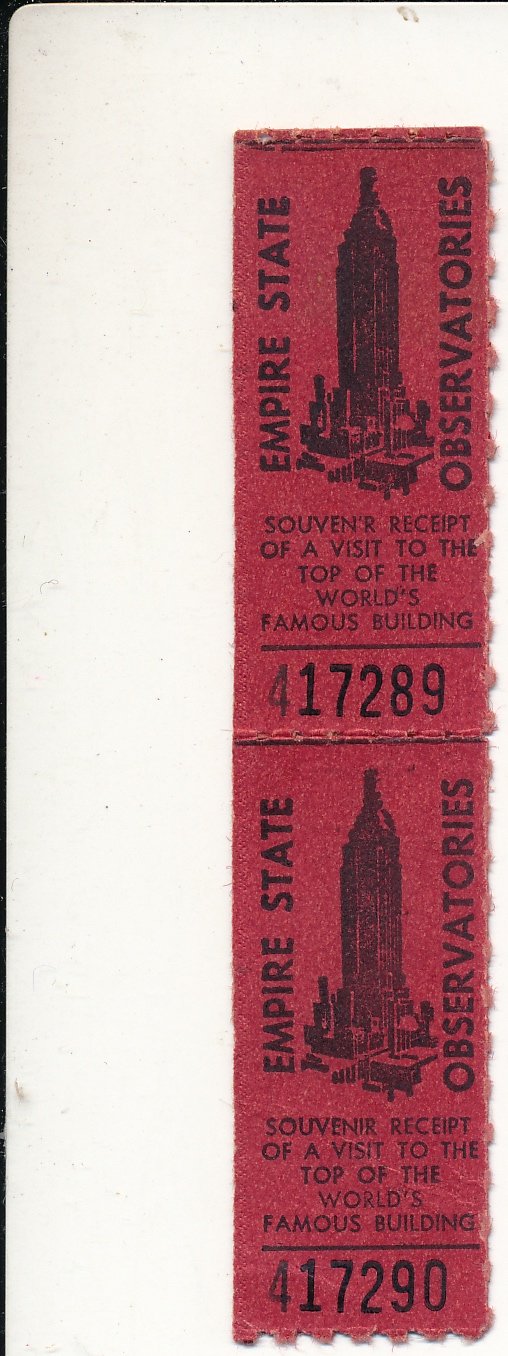 Two red souvenir receipt tickets from the Empire State Building Observatories, numbers 117289 and 117290