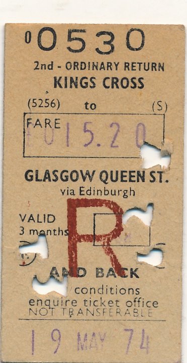 2nd class return railway ticket, Kings Cross to Glasgow Queen Street via Edinburgh, 19 May 1974, £15.20