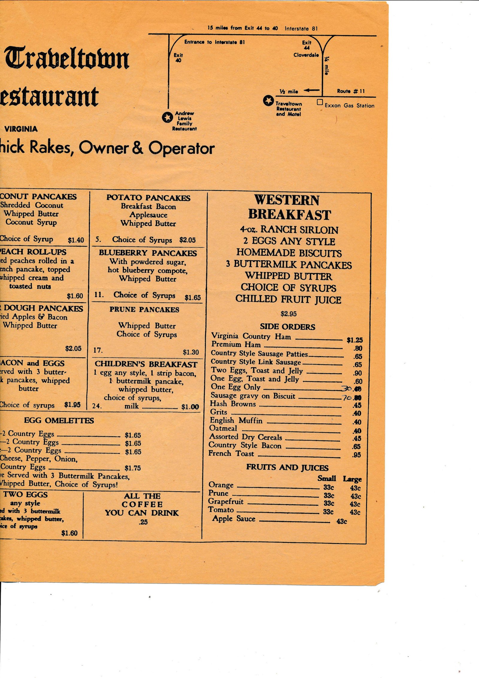 Trabeltown Family Restaurant menu reverse — dinners, sandwiches, and side orders