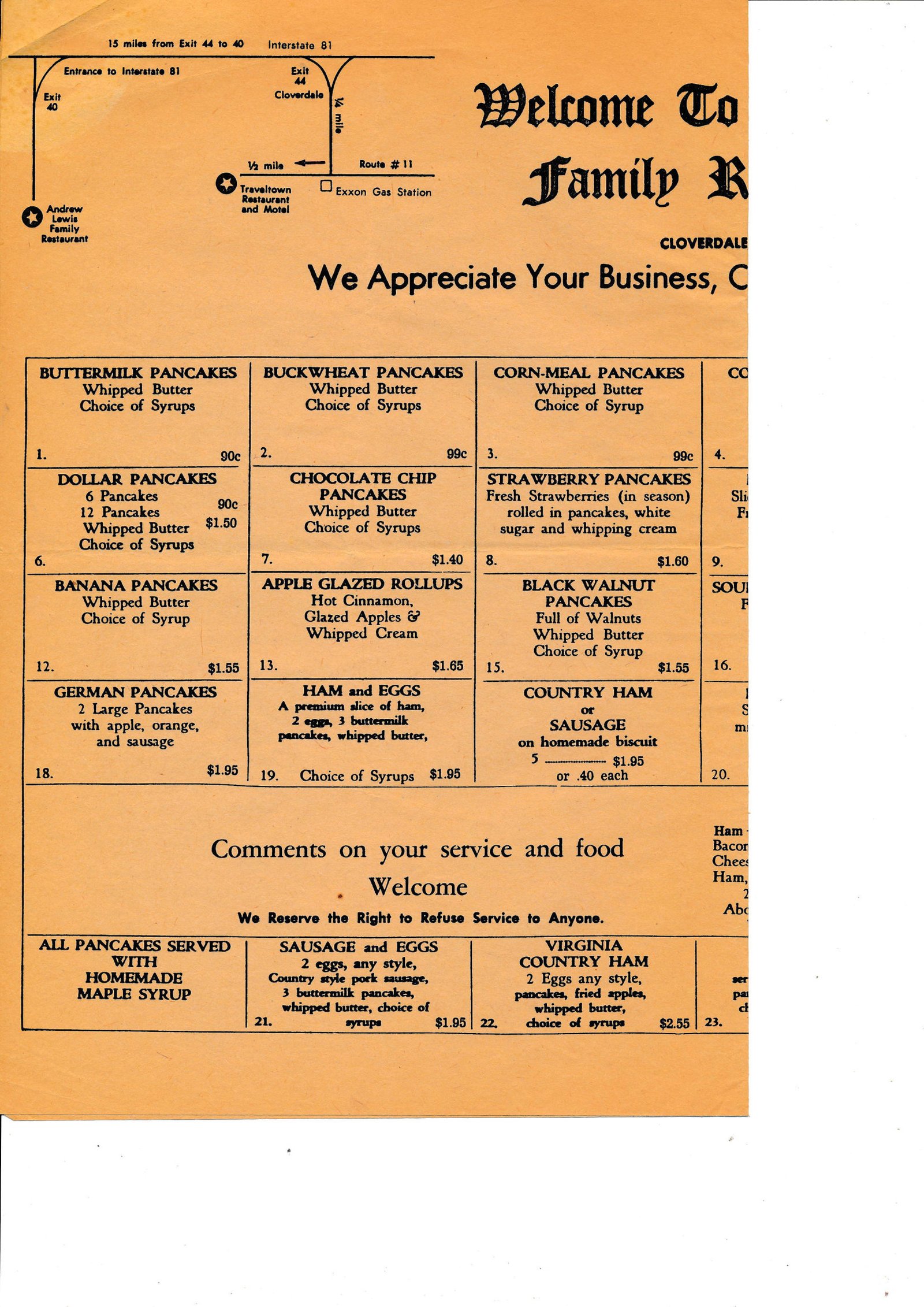 Trabeltown Family Restaurant menu from Cloverdale, Virginia — 24 varieties of pancakes with homemade maple syrup